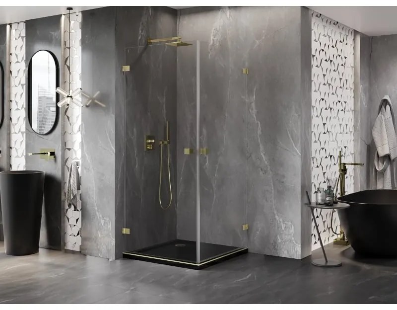 Mexen Lunar-B Duo, výklopný sprchový kút 85 x 85 cm, 8mm číre sklo, zlatý matný profil, 832-085L-085P-55-00