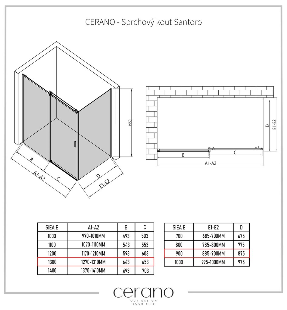 Cerano Santoro, sprchovací kút s posuvnými dverami 130(dvere) x 90(stena) x 195 cm, 6mm číre sklo, chrómový profil, CER-CER-425425