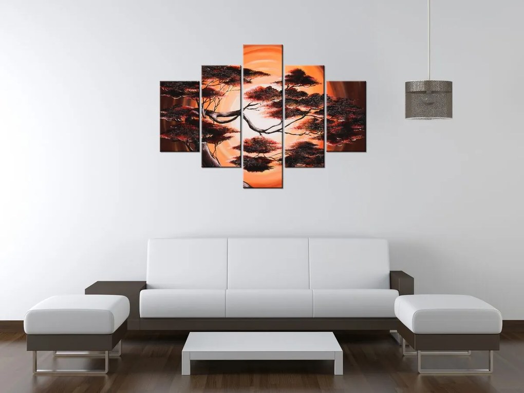Gario Ručne maľovaný obraz Strom pri západe slnka - 5 dielny Rozmery: 100 x 70 cm