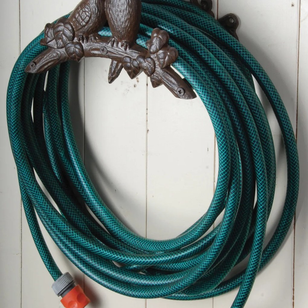 Liatinový nástenný držiak na záhradnú hadicu Birds, 25x18 cm, hnedá