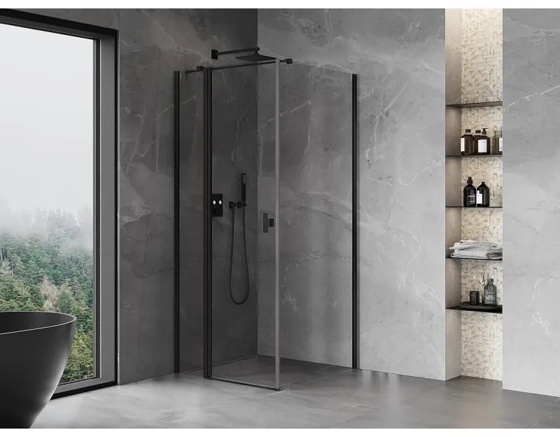 Mexen Mist T, sprchový kút s krídlovými dverami, 95 x 95 cm, 8mm číre sklo, čierny profil, 8A4T-095-095-70-00