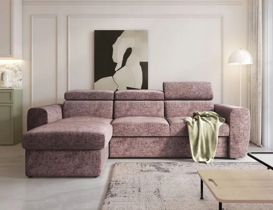 Komfortná rohová sedačka s opierkami hlavy na každodenné spanie v ružovej farbe.