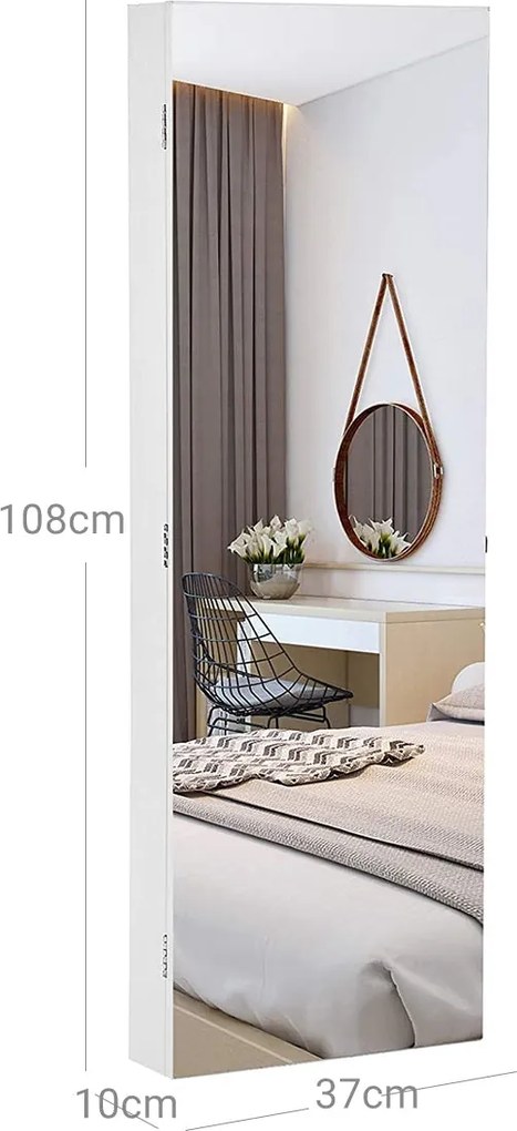 Extra široká zrkadlová skrinka na šperky s vešiakmi a vstavaným zrkadlom, biela