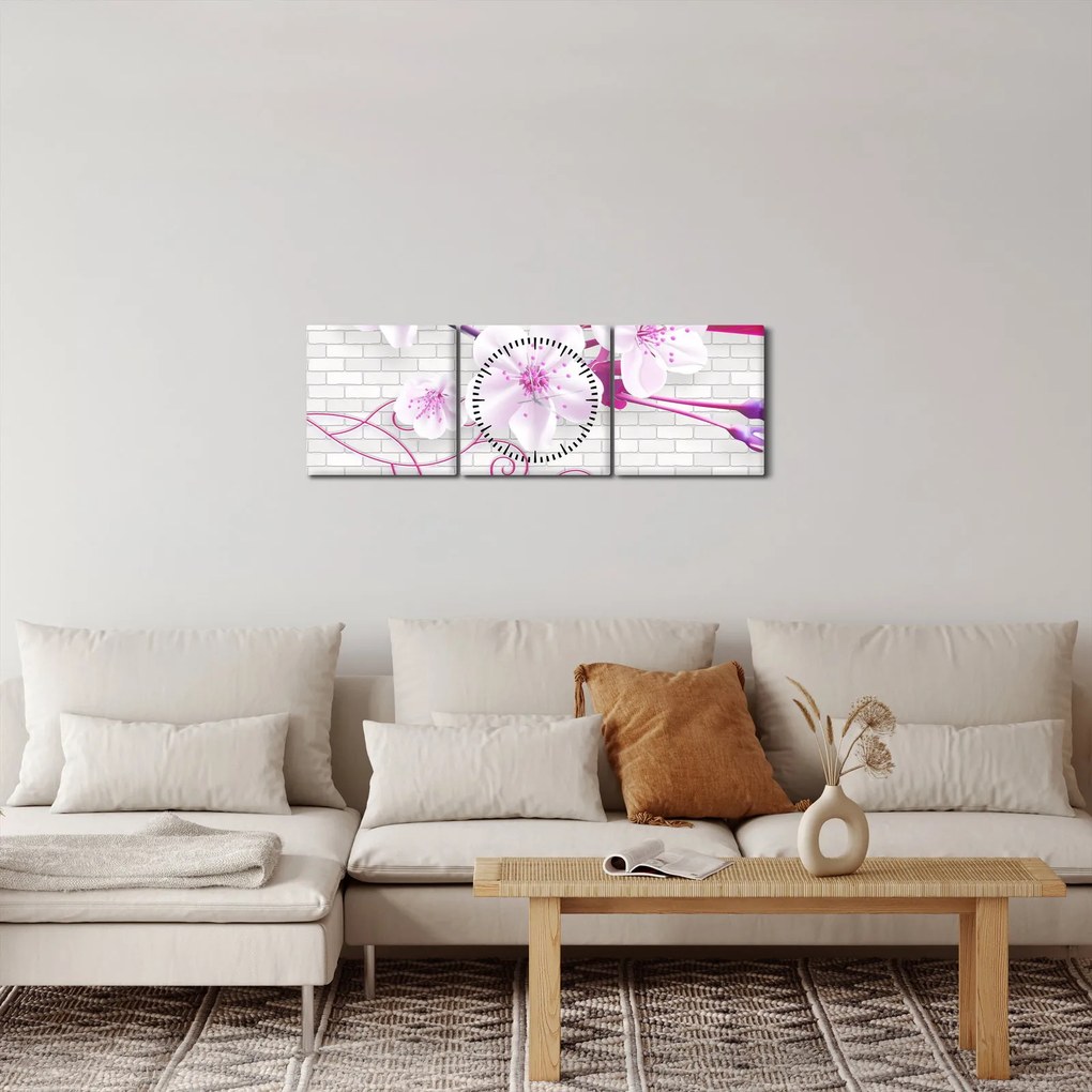 Obraz vetvičky s kvetmi (s hodinami) (90x30 cm)