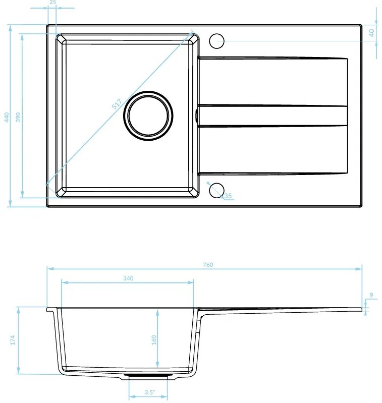 Kuchinox Laut, 1-komorový granitový drez 760x440x174 mm + sifón, čierna, LAV-SBZ_B11Y