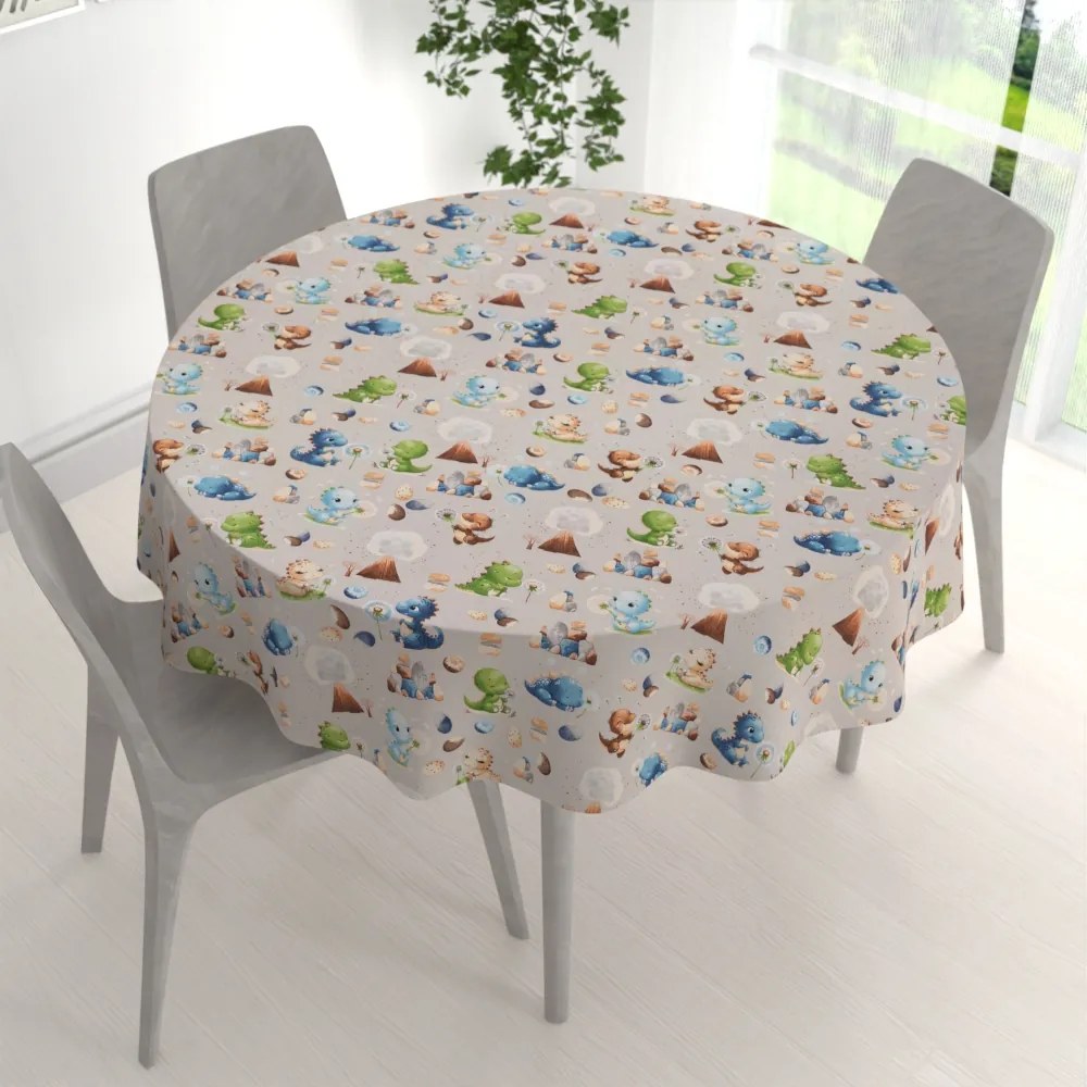 Biante Detský bavlnený okrúhly obrus Sandra SA-656 Modro-zeleno-hnedé dinosaury na svetlo sivom Ø 80 cm