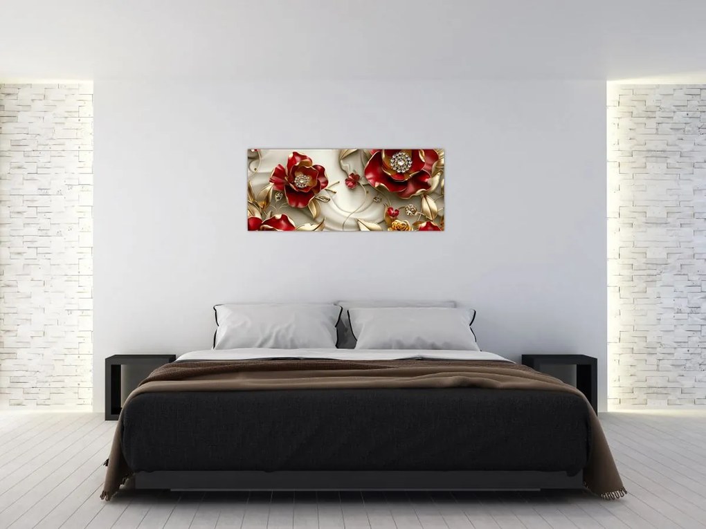 Obraz - 3D Červeno-zlaté kvety (120x50 cm)