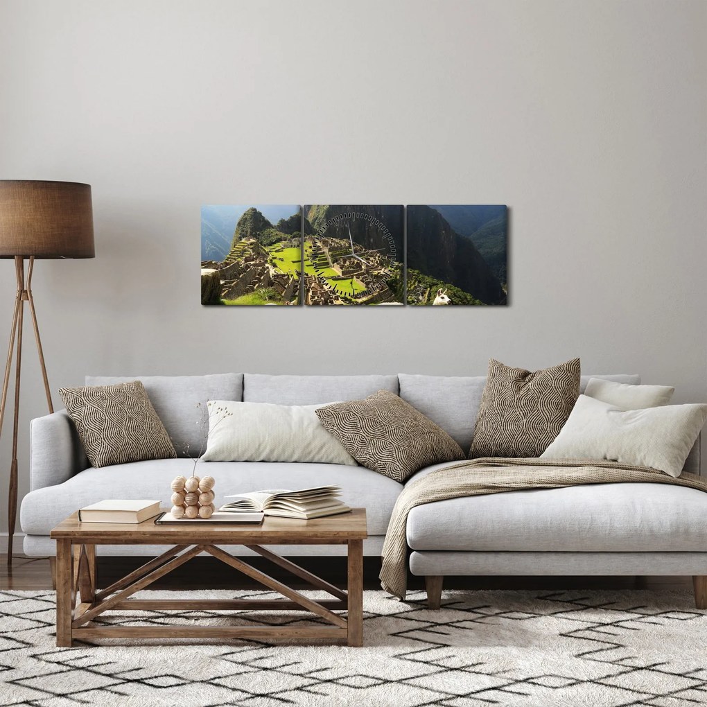 Obraz - Lamy v Machu Picchu (s hodinami) (90x30 cm)