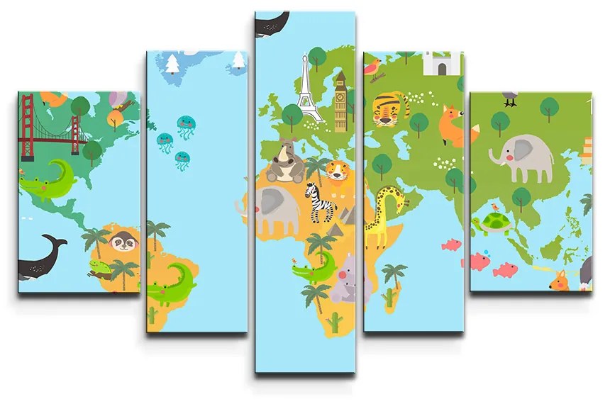 Sablio Obraz - 5-dílný Zvieracia mapa sveta - 125x90 cm