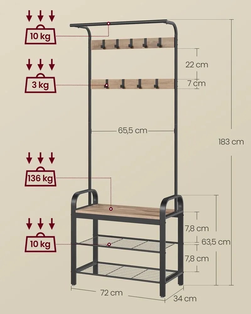 VASAGLE vešiak na kabáty s 9 odnímateľnými háčikmi HSR040K – 33,7 × 72 × 183 cm