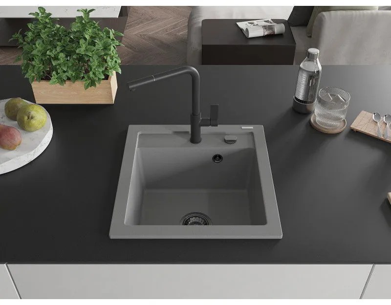 Mexen Vito, 1-komorový granitový drez 490x520x210 mm a drezová batéria Flora, šedá, 6503-71-670401-70-B