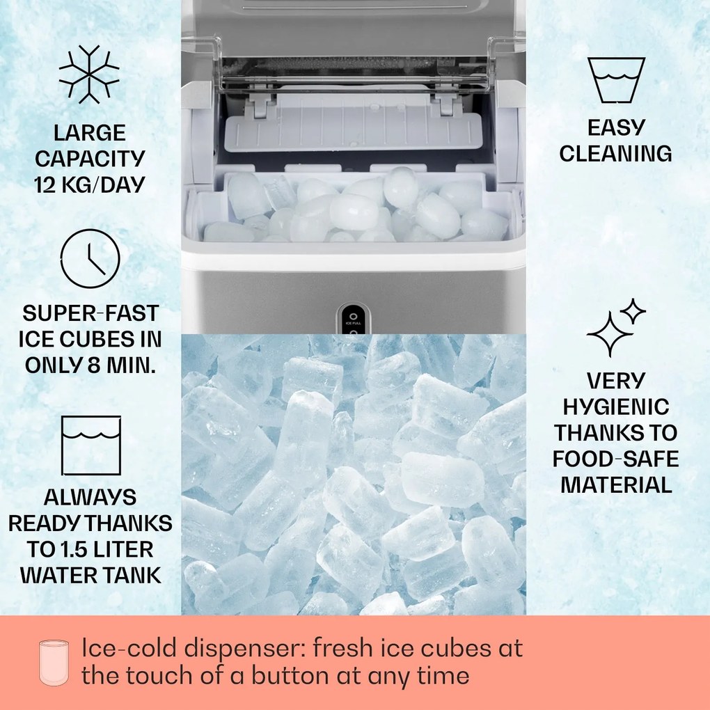 Klarstein Chillout, výrobník ľadu, oblé kúsky ľadu, 12 kg/24 h, nádrž 1,5 l, strieborný