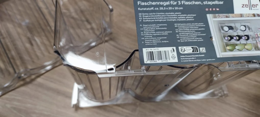 Zeller Present 2. akosť - Stojan na 3 fľaše, stohovateľný, transparentný COMPACTA