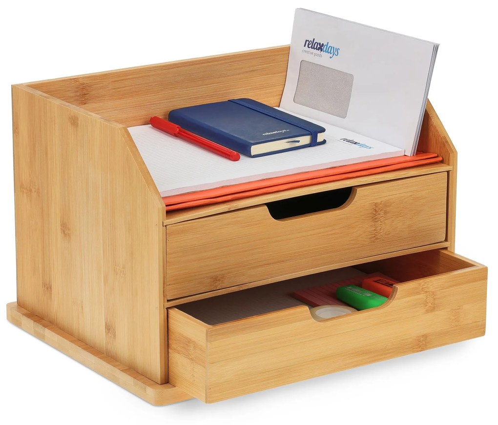 Masívny bambusový organizér na stôl RelaxDays RD39403 – 2 zásuvky, polica A4, 36 cm