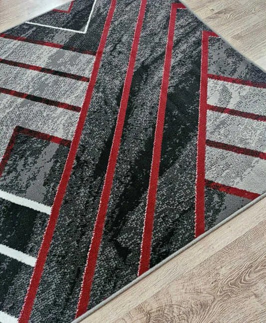 HU Sivý geometrický obdĺžnikový koberec NEW IDEA 90301-0564 s červenými čiarami Rozmer: 80x150 cm