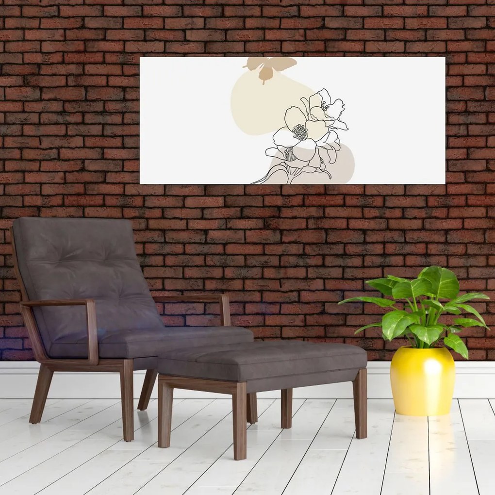 Obraz - Béžové kvety s motýľom N⁰3 (120x50 cm)