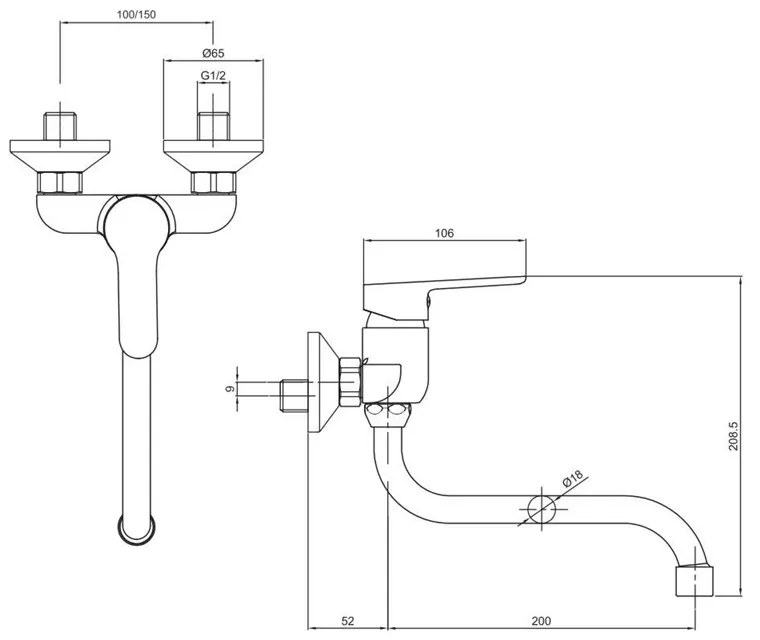 Mereo, Drezová nástenná batéria, Zuna, s ramienkom rúrkovým o 18 mm - 200 mm, chróm, MER-CB30101Z