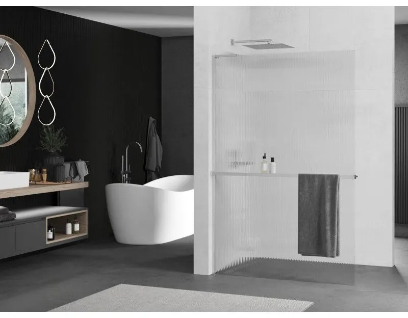 Mexen Kioto+ L, sprchová zástena Walk-In s poličkou a vešiakom 110 x 200 cm, 8mm sklo s rebrovým vzorom, chrómový profil, 800-110-123-01-09