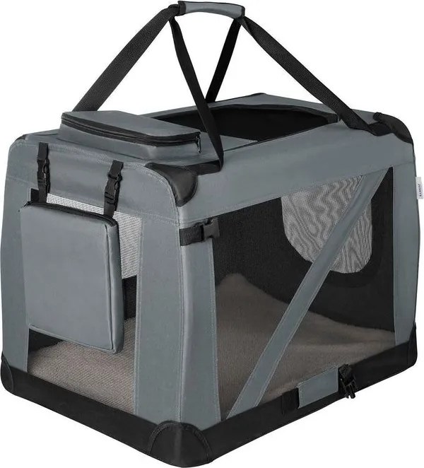 Skladací prepravný box pre psov, sivý, s posteľou, veľkosť S