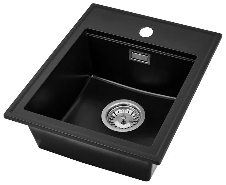 Sink Quality Ferrum New 4050, 1-komorový granitový drez 400x500x185 mm + chrómový sifón, čierna, SKQ-FER.4050.BK.X