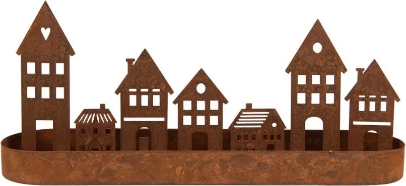 Hrdzavá dekorácia svietnik s domčekmi - 30*8*13 cm