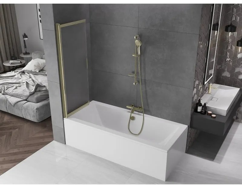 Mexen Fox, 2-krídlová vaňová zástena 120x150 cm, 5mm sklo námraza, zlatý lesklý profil, 891-120-002-50-30