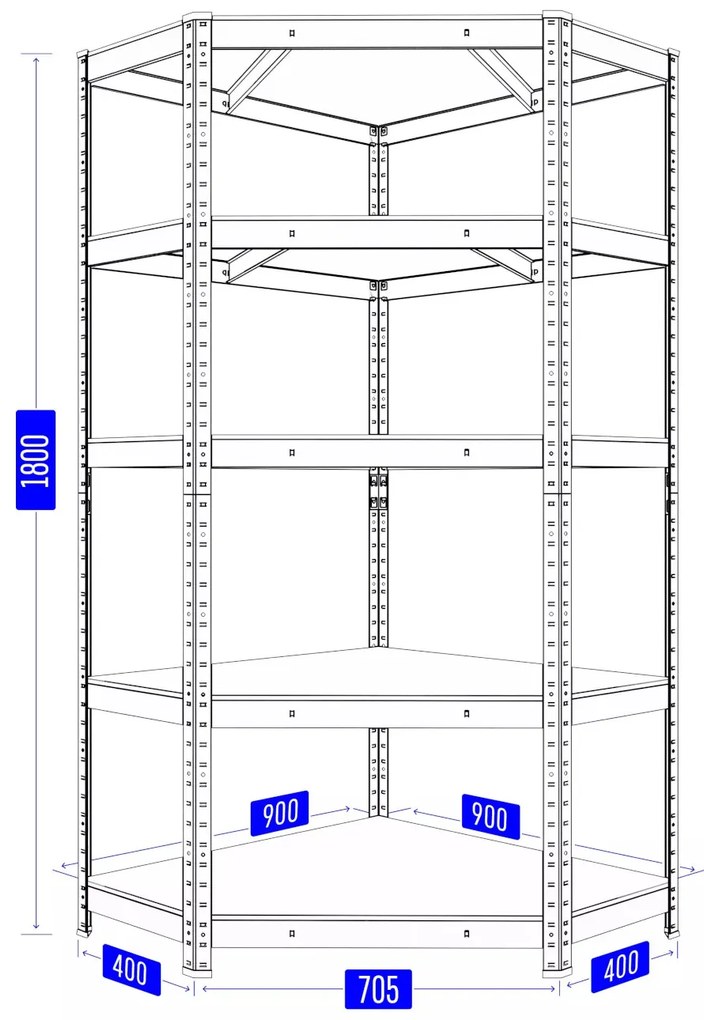 Fistar Rohový regál 1800x900x400x705 mm lakovaný 5-policový, nosnosť 750 kg - ČIERNY