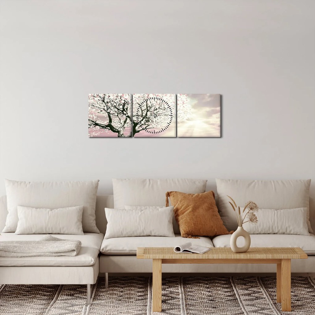 Ružový obraz stromu (s hodinami) (90x30 cm)