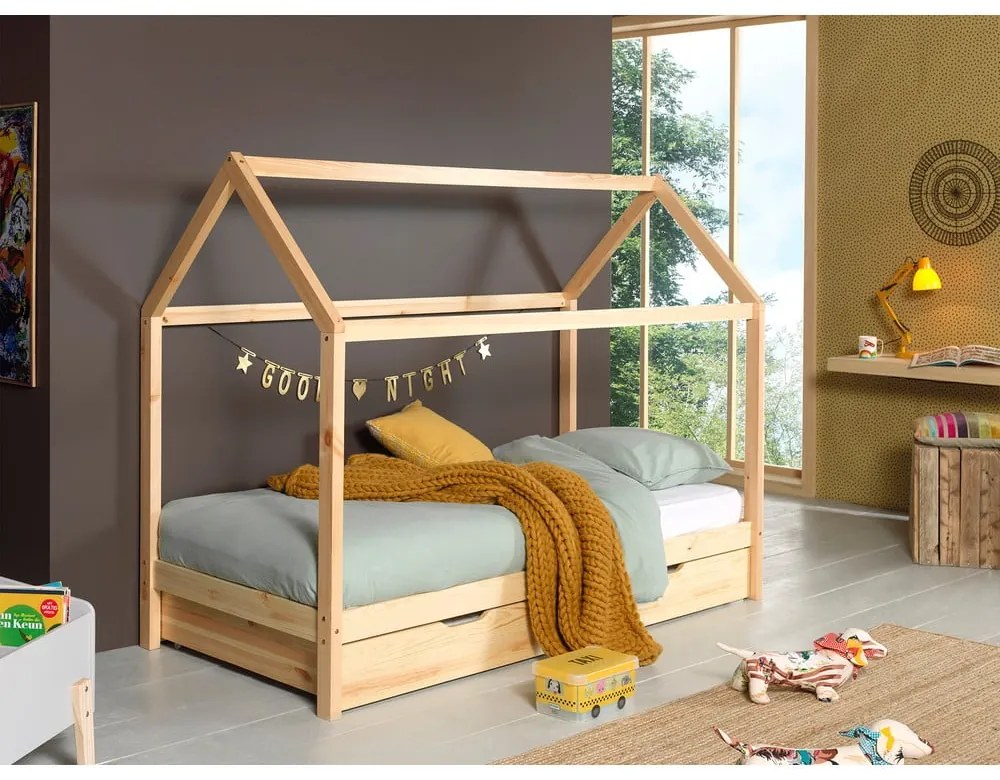 Domčeková detská posteľ z borovicového dreva s výsuvným lôžkom a úložným priestorom v prírodnej farbe 90x200 cm DALLAS – Vipack