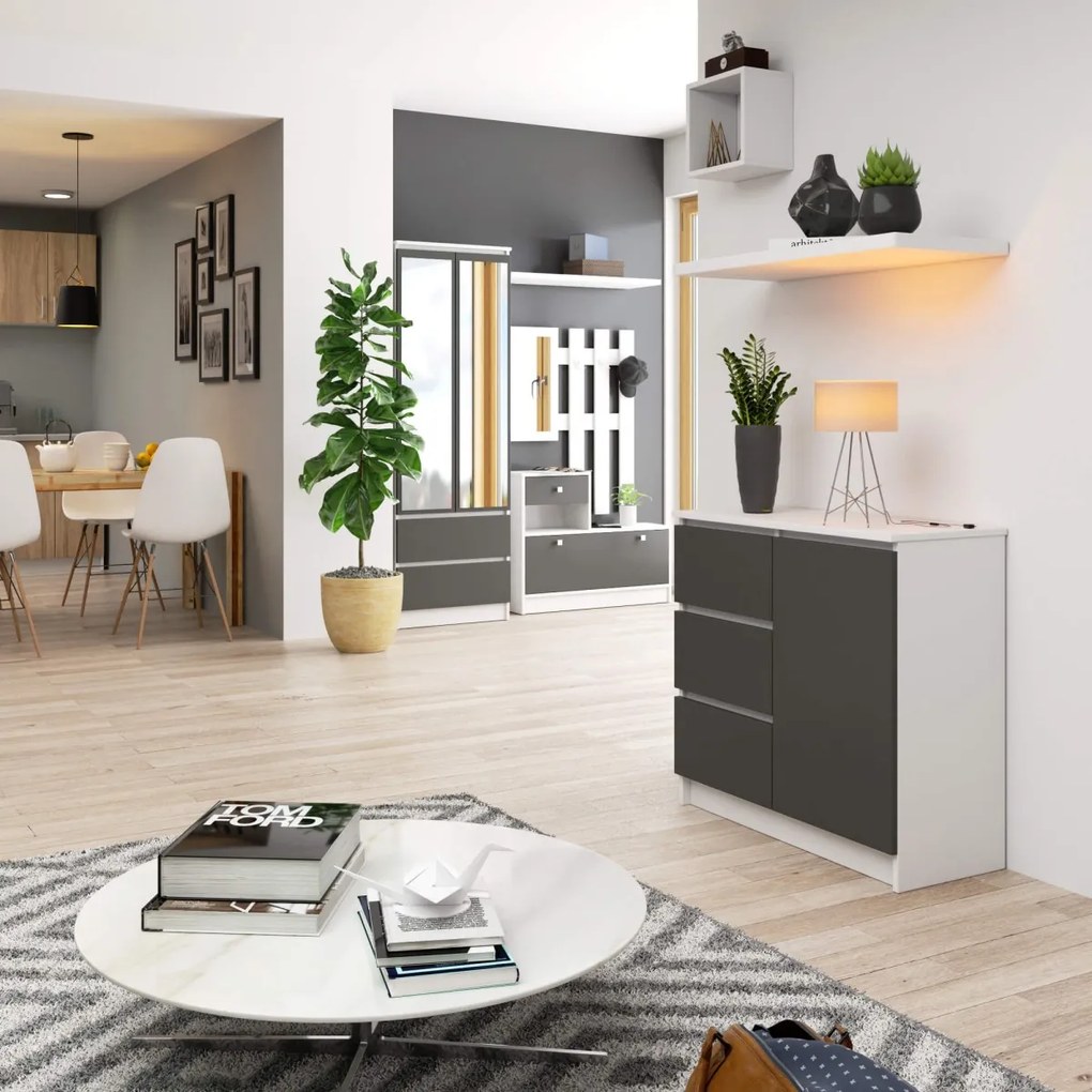 Komoda JERRY K 80 cm 1 dvere 3 zásuvky biela/šedá