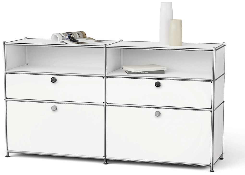 Kovová odkladacia skrinka "CN3" s výklopnými priečinkami, zásuvkami a otvorenými priehradkami, biela