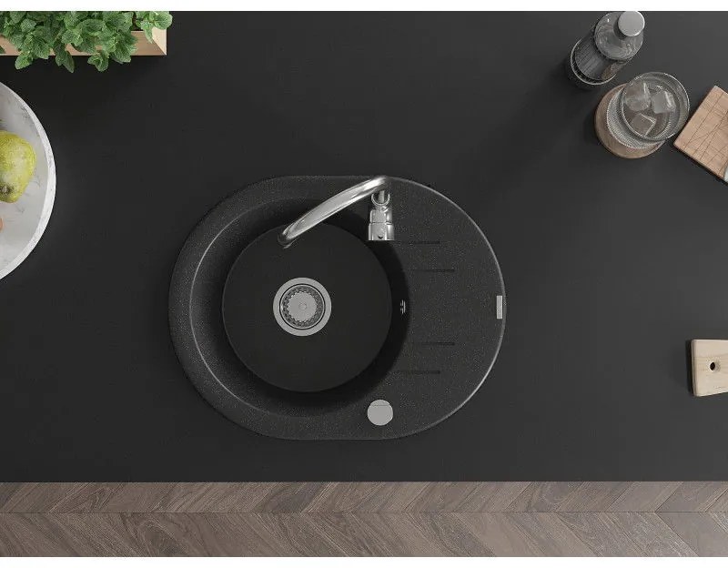 Mexen Kevin, granitový drez 586x458x190 mm, 1-komorový, čierna - strieborná metalíza, 6517581005-73