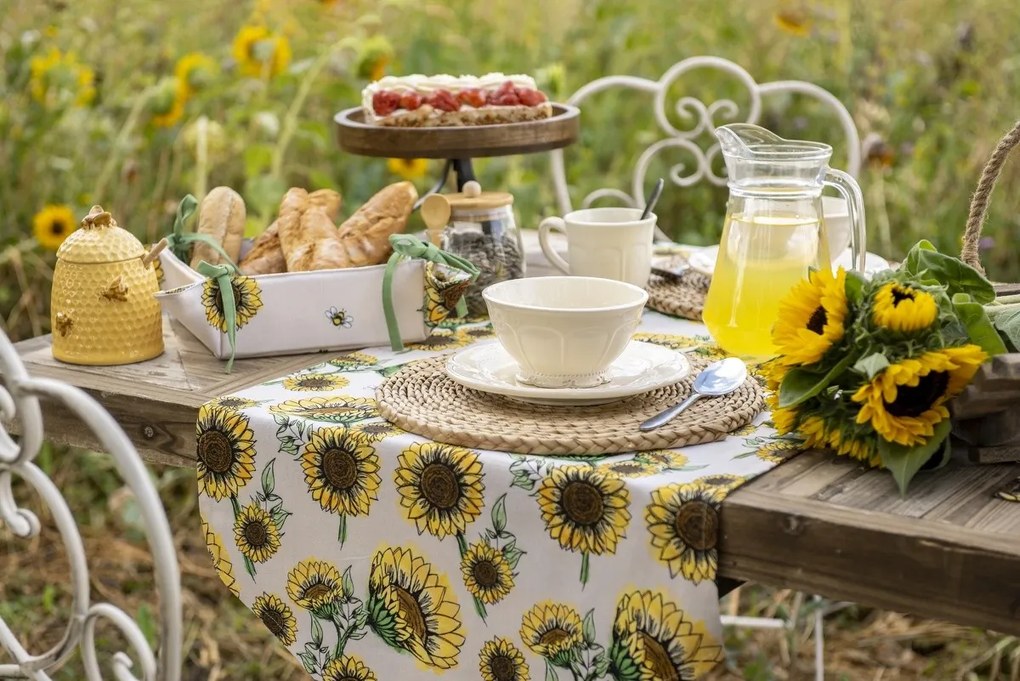 Béžový bavlnený behúň so slnečnicami Sunny Sunflowers - 50*140 cm