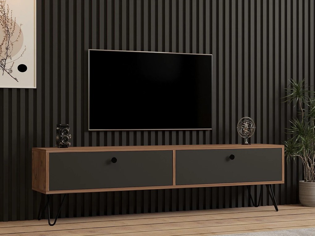 TV stolík/skrinka Nukone (atlantická borovica + čierna). Akcia -15%. Vlastná spoľahlivá doprava až k Vám domov. 1088760