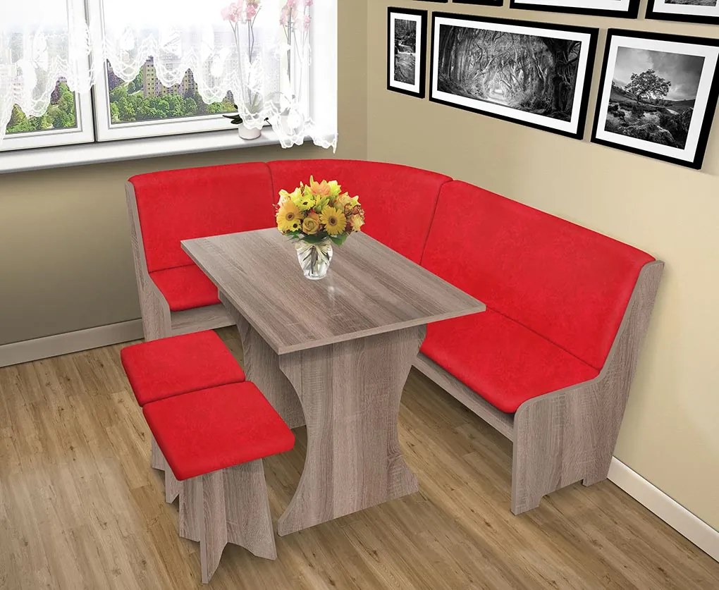 Nabytekmorava Jedálenská rohová lavica sa štokrlemi a stolom farba lamina: orech lyon 9614, čalúnenie vo farbe: Alova červená