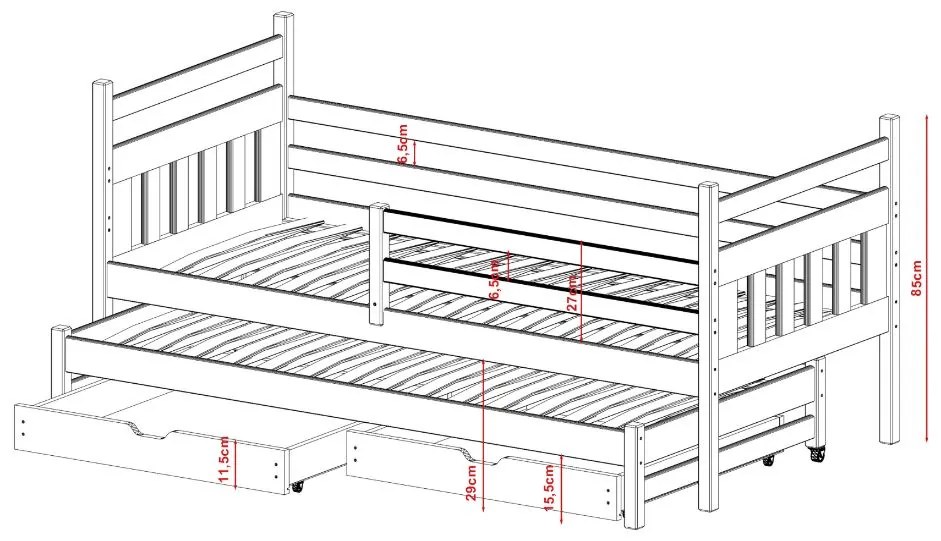 Detská posteľ z masívu borovice DAN s prístelkou a šuplíky - 200x90 cm - prírodná