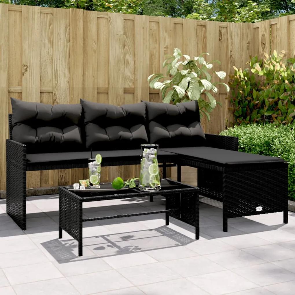 Záhradná pohovka so stolíkom a vankúšmi tvar L čierna polyratan 365572