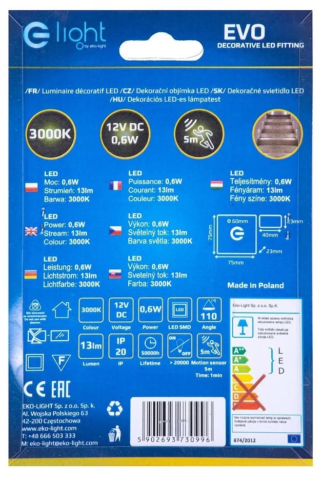Schodiskové LED svietidlo Evo, 1x LED 0,6w, 3000k, s