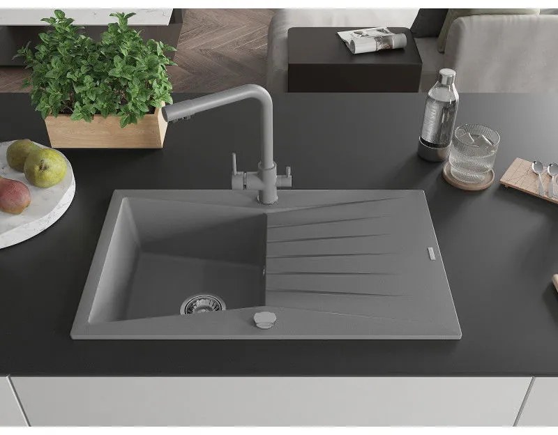 Mexen Cesar, granitový drez 775x470x190 mm, 1-komorový a šedá matná batéria Duero, šedá, 6514-71-671600-71