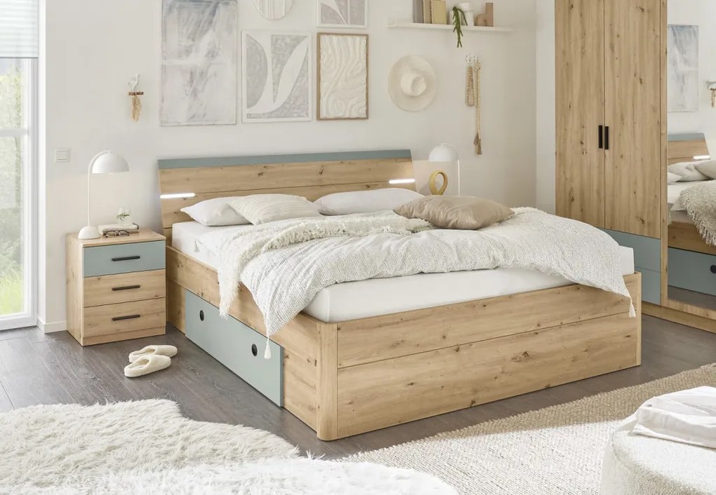 Posteľ s nočnými stolíkmi Savina 180x200 cm, dub artisan/šalviová, s osvetlením