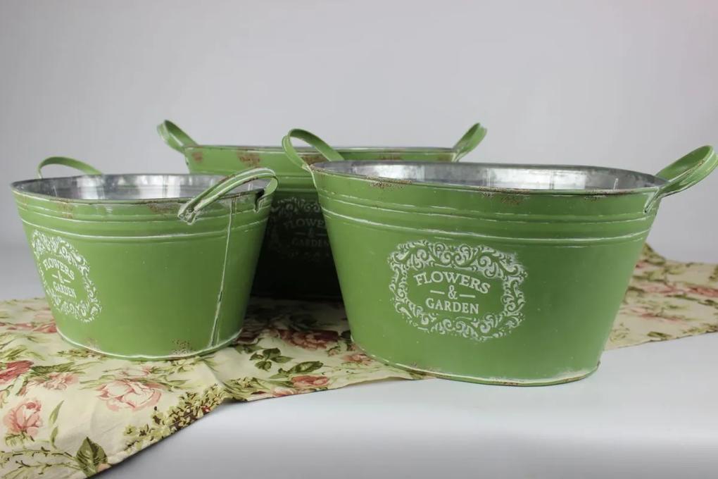 Zelené oválne plechové vintage kvetináče 3-set