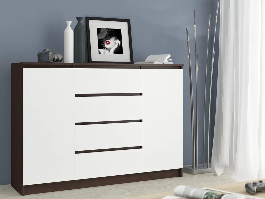 Komoda Kryštof 140 cm 2 skrinky a 4 zásuvky wenge/biela