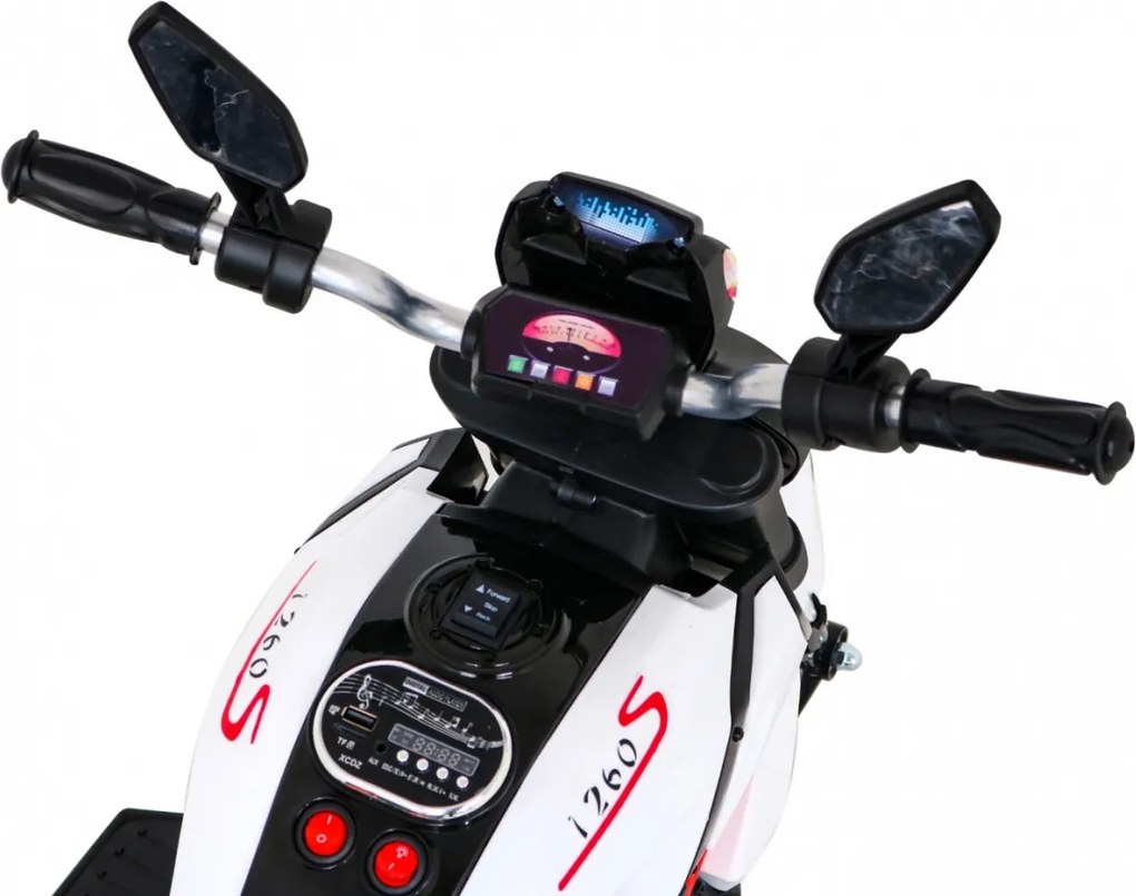 Ramiz Motorka Fast Tourist na batérie pre deti biela + audio + svetlá + ekokoža