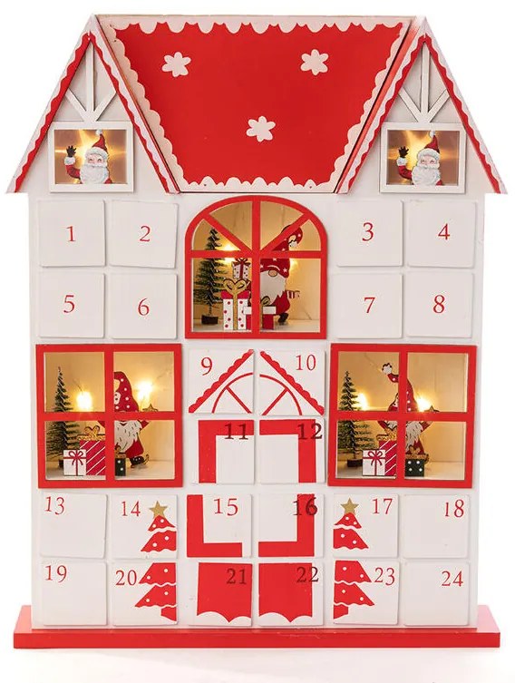 Drevený LED adventný kalendár so zásuvkami DOMČEK červený
