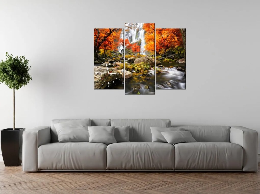 Gario Obraz s hodinami Jesenný vodopád - 3 dielny Rozmery: 90 x 30 cm