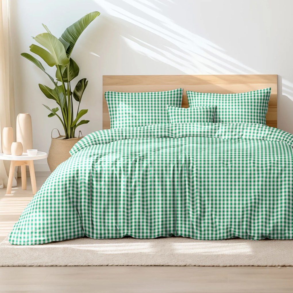 Goldea tradičné bavlnené posteľné obliečky - zelené a biele kocky 140 x 220 a 70 x 90 cm