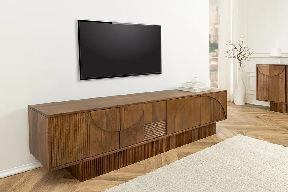 Dizajnový 3D stolík pod TV z masívu Art Deco Mango hnedá 200cm