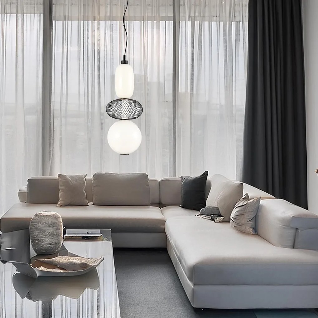 Závesné svietidlo Arame, 2x biele sklenené/1x čierne drôtené tienidlo, b