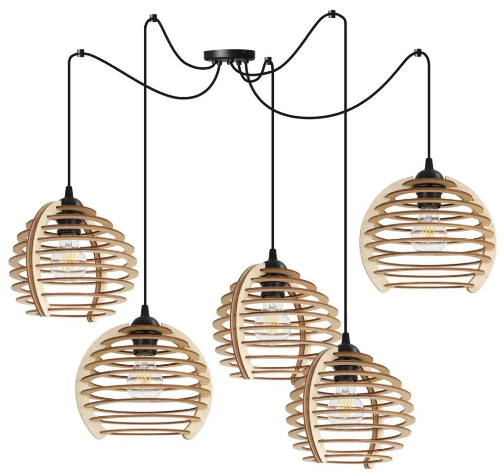 Závesné svietidlo Timber Spider, 5x drevené tienidlo, n