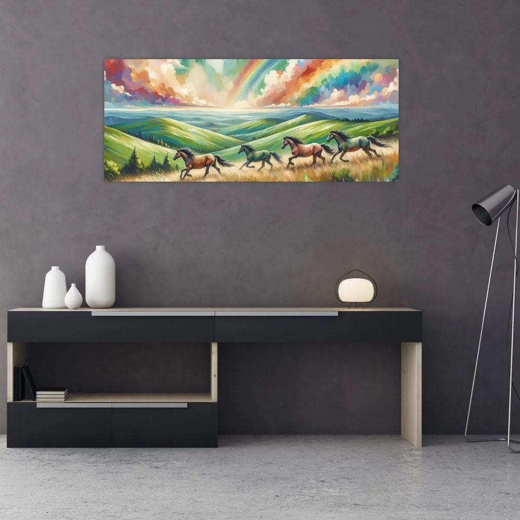 Obraz – Kone cválajúce krajinou (120x50 cm)